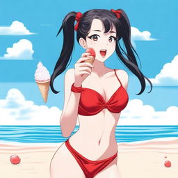 A young woman with long black twintails and red eyes, wearing a red bikini, is licking an ice cream