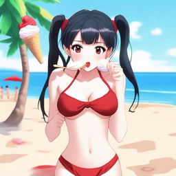 A young woman with long black twintails and red eyes, wearing a red bikini, is licking an ice cream