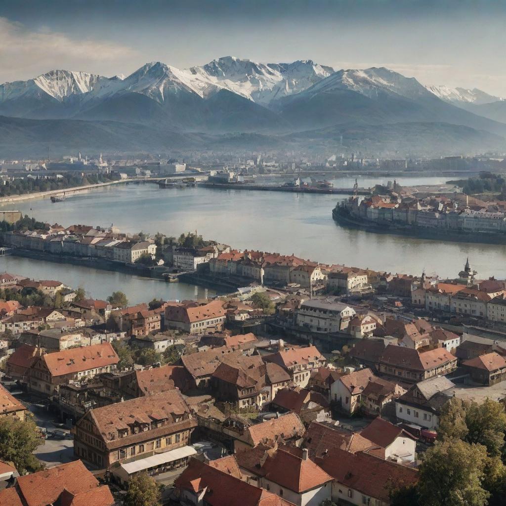 A depiction of Slovakia through a steampunk lens, visualizing Bratislava interwoven with retro-industrial elements, the High Tatras mountainscape sprinkled with cogwork chalets, and the Danube River enlivened with steam-powered ferries.