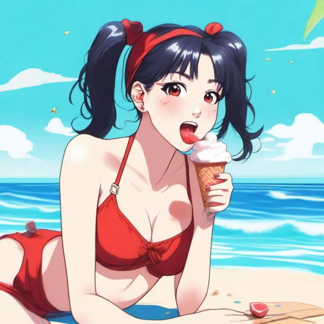 A young woman with long black twintails and red eyes, wearing a red bikini, is licking an ice cream