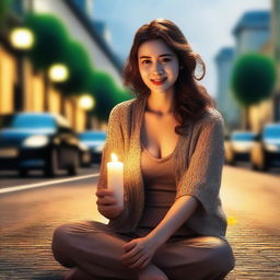 A beautiful and mature woman with a cute appearance, holding a candle in her hand and sitting on a road