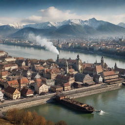 A depiction of Slovakia through a steampunk lens, visualizing Bratislava interwoven with retro-industrial elements, the High Tatras mountainscape sprinkled with cogwork chalets, and the Danube River enlivened with steam-powered ferries.