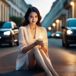 A beautiful and mature woman with a cute appearance, holding a candle in her hand and sitting on a road