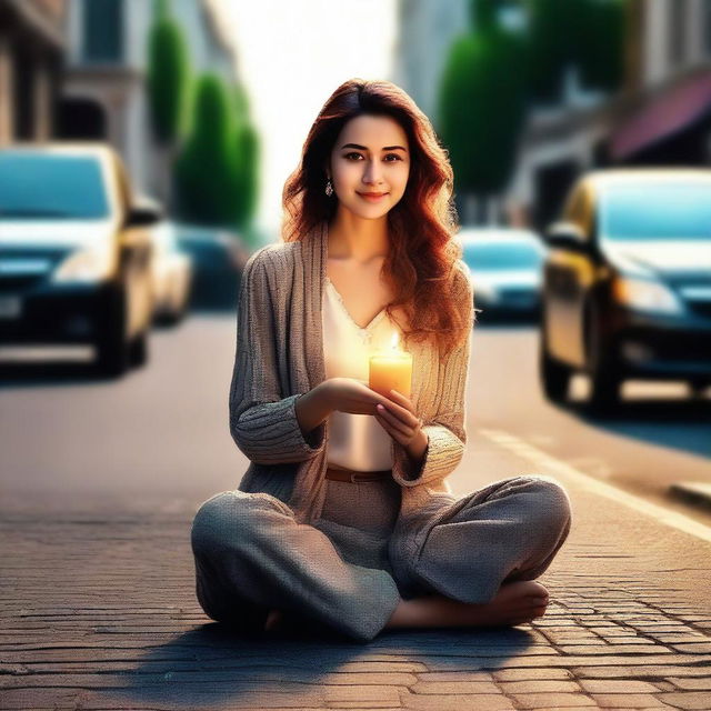 A beautiful and mature woman with a cute appearance, holding a candle in her hand and sitting on a road