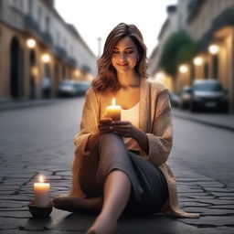 A beautiful and mature woman with a cute appearance, holding a candle in her hand and sitting on a road