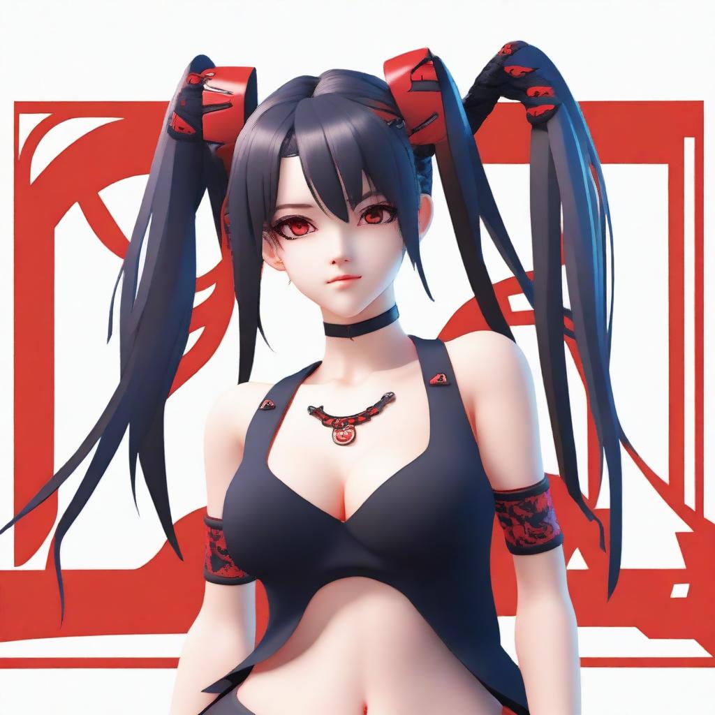 A woman with long black twintails and red eyes stands on a digital stage, depicted in a masterpiece 3D box art style for a PS6 game