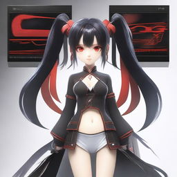 A woman with long black twintails and red eyes stands on a digital stage, depicted in a masterpiece 3D box art style for a PS6 game