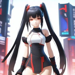 A woman with long black twintails and red eyes stands on a digital stage, depicted in a masterpiece 3D box art style for a PS6 game