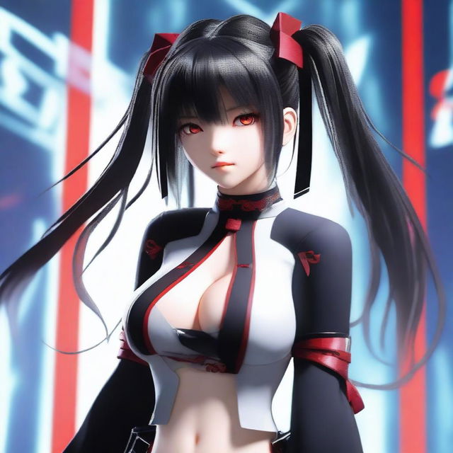 A woman with long black twintails and red eyes stands on a digital stage, depicted in a masterpiece 3D box art style for a PS6 game