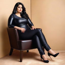 A beautiful Bengali actress, a curvy plus-size model, is sitting on a shiny leather black sofa