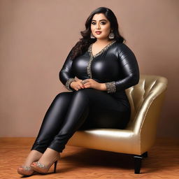 A beautiful Bengali actress, a curvy plus-size model, is sitting on a shiny leather black sofa