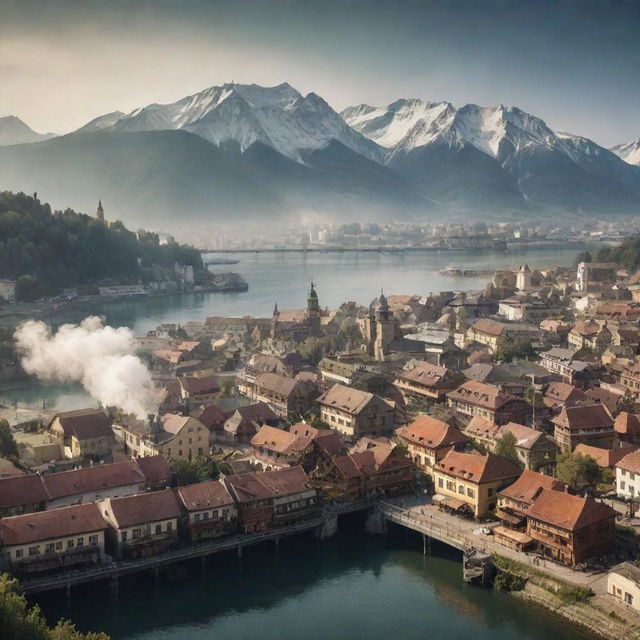 A depiction of Slovakia through a steampunk lens, visualizing Bratislava interwoven with retro-industrial elements, the High Tatras mountainscape sprinkled with cogwork chalets, and the Danube River enlivened with steam-powered ferries.