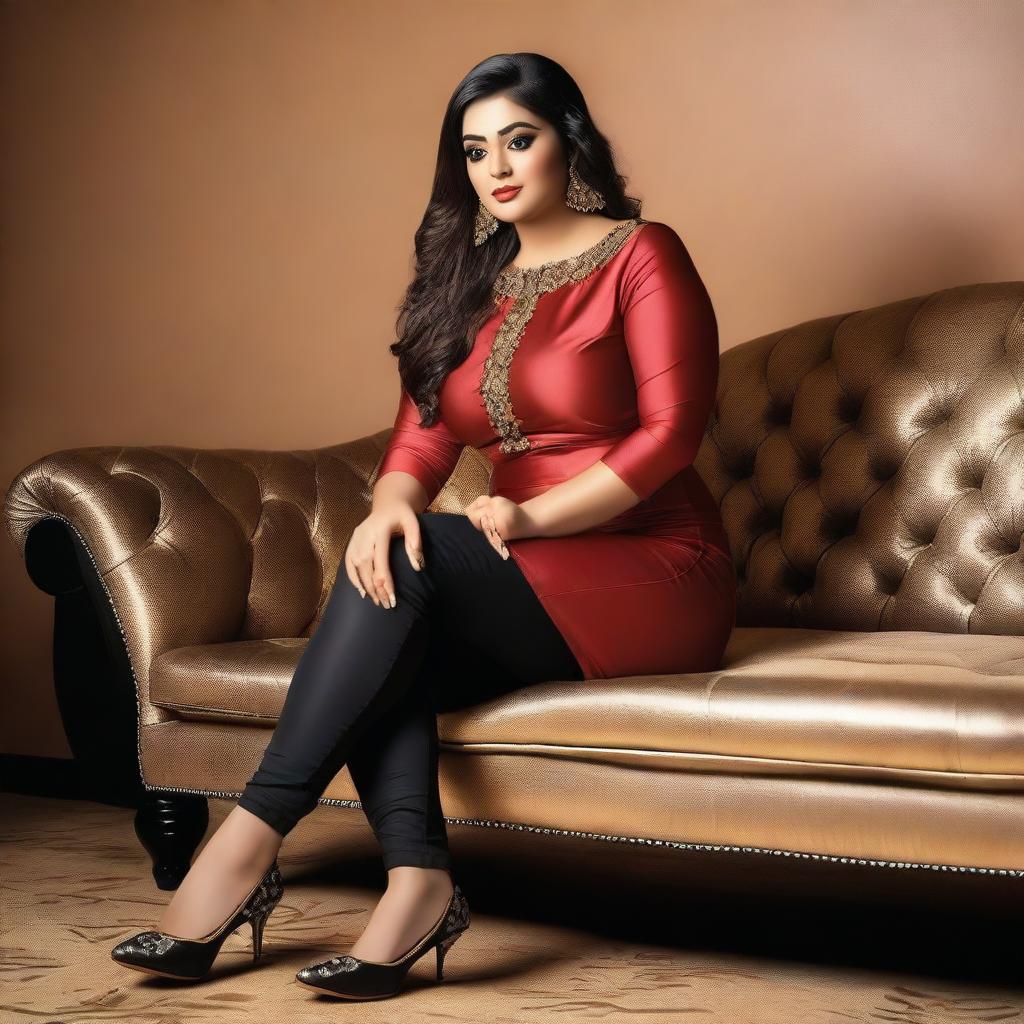 A beautiful Bengali actress and plus-size model with an attractive body figure, wearing a bodycon kurta and silky black satin skinny tight shiny jeans