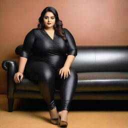 A beautiful Bengali actress and plus-size model with an attractive body figure, wearing a bodycon kurta and silky black satin skinny tight shiny jeans