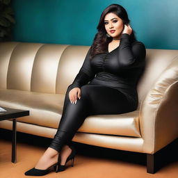 A beautiful Bengali actress and plus-size model with an attractive body figure, wearing a bodycon kurta and silky black satin skinny tight shiny jeans