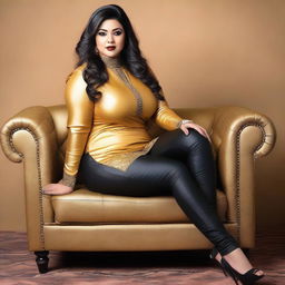 A beautiful Bengali actress and plus-size model with an attractive body figure, wearing a bodycon kurta and silky black satin skinny tight shiny jeans