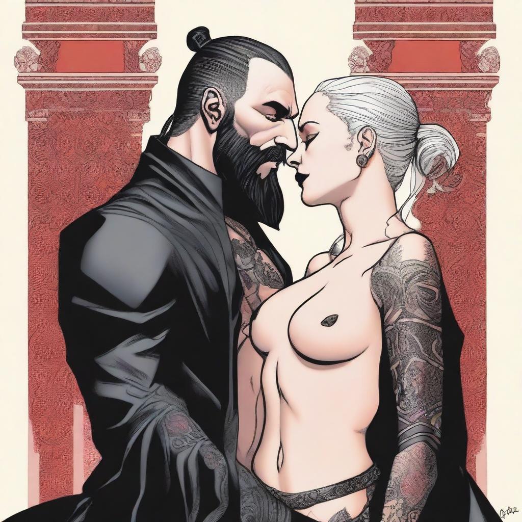 A tall, fit Sith warrior in black topless robes with tattooed arms, sporting a slicked-back disconnected undercut and a black beard, is kissing a female Sith