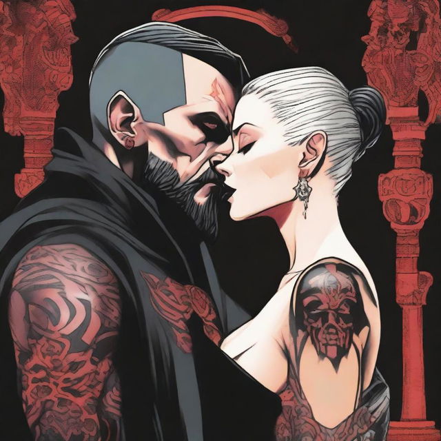 A tall, fit Sith warrior in black topless robes with tattooed arms, sporting a slicked-back disconnected undercut and a black beard, is kissing a female Sith