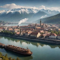 A depiction of Slovakia through a steampunk lens, visualizing Bratislava interwoven with retro-industrial elements, the High Tatras mountainscape sprinkled with cogwork chalets, and the Danube River enlivened with steam-powered ferries.