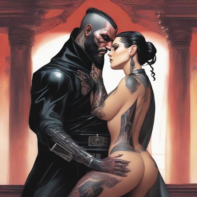 A tall, fit Sith warrior with tattooed arms, wearing black topless robes, and a slicked-back disconnected undercut hairstyle with a black beard is kissing a female Sith