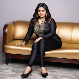 A beautiful Bengali actress and plus-size model with an attractive body figure, wearing a bodycon kurta and silky black satin skinny tight shiny jeans