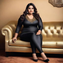 A beautiful Bengali actress and plus-size model with an attractive body figure, wearing a bodycon kurta and silky black satin skinny tight shiny jeans