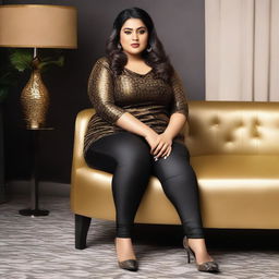 A beautiful Bengali actress and plus-size model with an attractive body figure, wearing a bodycon kurta and silky black satin skinny tight shiny jeans