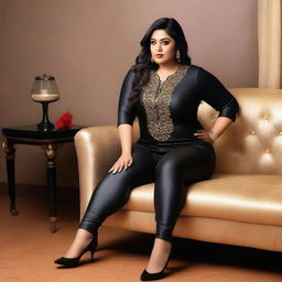 A beautiful Bengali actress and plus-size model with an attractive body figure, wearing a bodycon kurta and silky black satin skinny tight shiny jeans