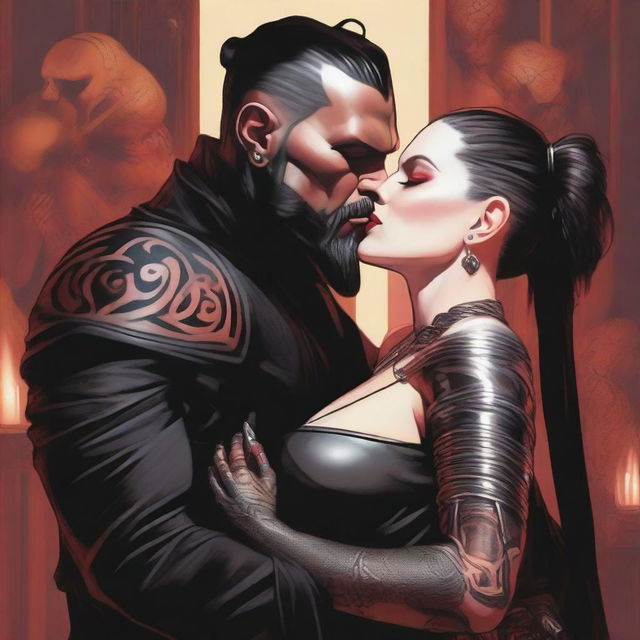 A tall, fit Sith warrior in black topless robes with tattooed arms and a slicked-back disconnected undercut hairstyle, along with a black beard, is kissing a female Sith