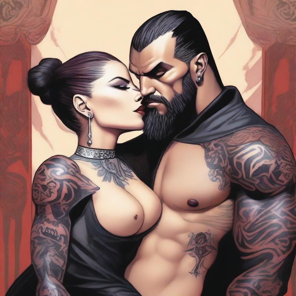A tall, fit Sith warrior in black topless robes with tattooed arms, hair cut in a slicked-back disconnected undercut, and a black beard, kissing a female Sith