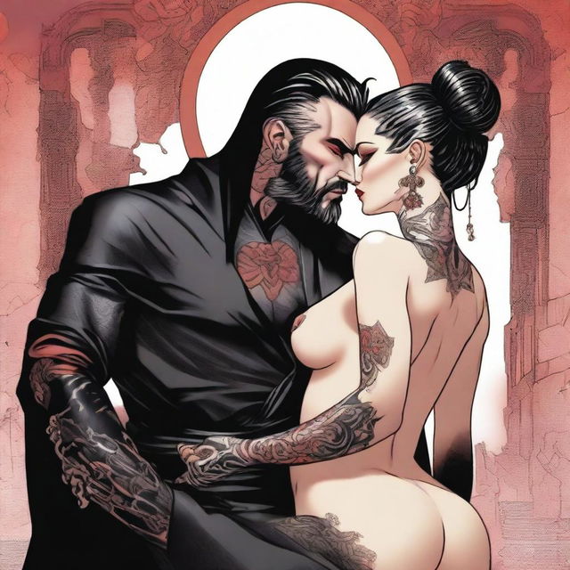 A tall, fit Sith warrior in black topless robes with tattooed arms, hair cut in a slicked-back disconnected undercut, and a black beard, kissing a female Sith