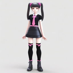 A highly detailed 3D image of a woman with long black twintails, red eyes, and a petite figure