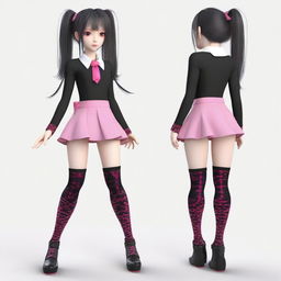 A highly detailed 3D image of a woman with long black twintails, red eyes, and a petite figure