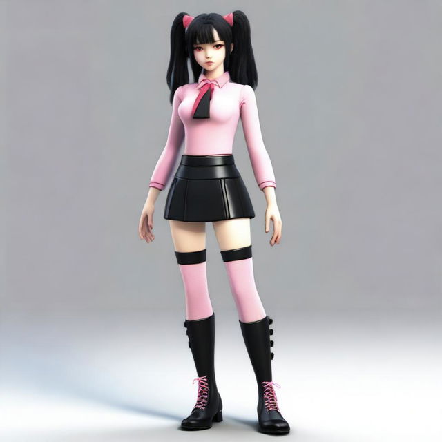 A highly detailed 3D image of a woman with long black twintails, red eyes, and a petite figure