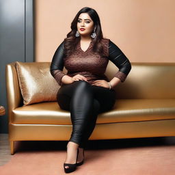 A beautiful Bengali actress and plus-size model with an attractive body figure, wearing a bodycon kurta and silky black satin skinny tight shiny jeans