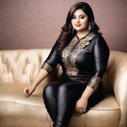 A beautiful Bengali actress and plus-size model with an attractive body figure, wearing a bodycon kurta and silky black satin skinny tight shiny jeans