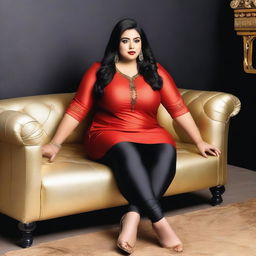 A beautiful Bengali actress and plus-size model with an attractive body figure, wearing a bodycon kurta and silky black satin skinny tight shiny jeans