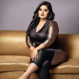 A beautiful Bengali actress and plus-size model with an attractive body figure, wearing a bodycon kurta and silky black satin skinny tight shiny jeans