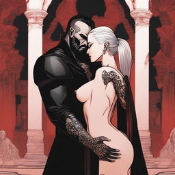 A tall, fit Sith warrior in black topless robes with tattooed arms and a slicked-back disconnected undercut, black beard, kissing a female Sith