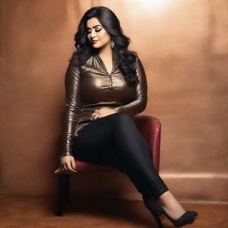 A beautiful Bengali actress and curvy model with an attractive body figure, wearing a bodycon kurta and silky black satin skinny tight shiny jeans