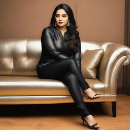 A beautiful Bengali actress and curvy model with an attractive body figure, wearing a bodycon kurta and silky black satin skinny tight shiny jeans