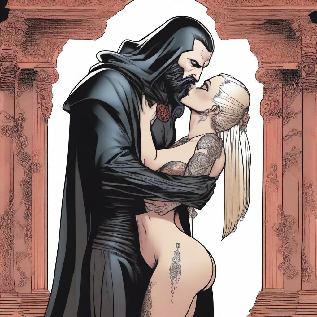 A tall, fit Sith warrior in black topless robes with tattooed arms, sporting a slicked-back disconnected undercut and a black beard, is kissing a female Sith