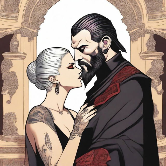 A tall, fit Sith warrior in black topless robes with tattooed arms, sporting a slicked-back disconnected undercut and a black beard, is kissing a female Sith