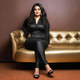 A beautiful Bengali actress and curvy model with an attractive body figure, wearing a bodycon kurta and silky black satin skinny tight shiny jeans