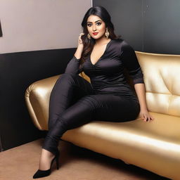 A beautiful Bengali actress and curvy model with an attractive body figure, wearing a bodycon kurta and silky black satin skinny tight shiny jeans