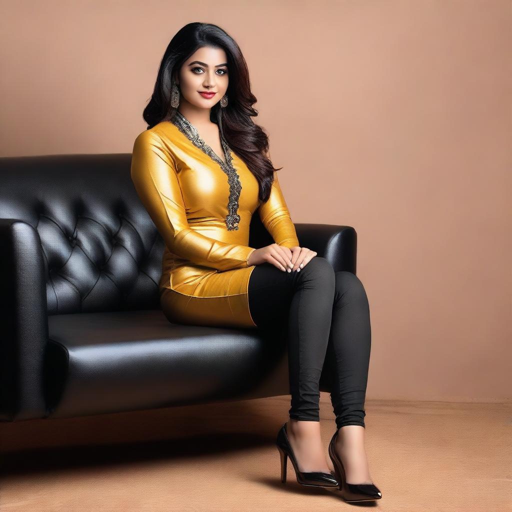 A beautiful Bengali actress and curvy model with an attractive body figure, wearing a bodycon kurta and silky black satin skinny tight shiny jeans