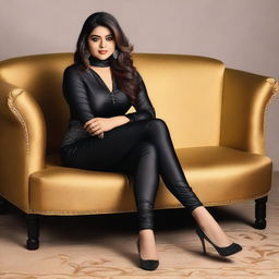 A beautiful Bengali actress and curvy model with an attractive body figure, wearing a bodycon kurta and silky black satin skinny tight shiny jeans