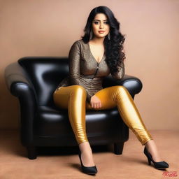 A beautiful Bengali actress and curvy model with an attractive body figure, wearing a bodycon kurta and silky black satin skinny tight shiny jeans