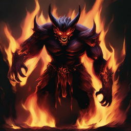 A vivid and intense depiction of fire taking the form of a menacing demon