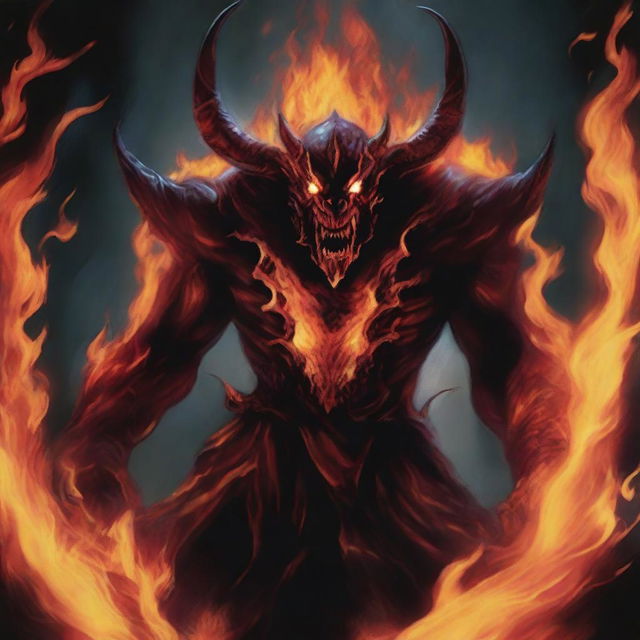 A vivid and intense depiction of fire taking the form of a menacing demon